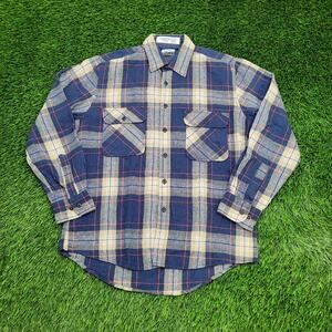 Vintage 90s Shadow Plaid Button Shirt Medium 21x29 Blue Yellow